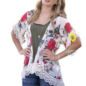 Floral Crochet Lace Trim Kimono Cardigan Ivory Red Boho Short Sleeve Small